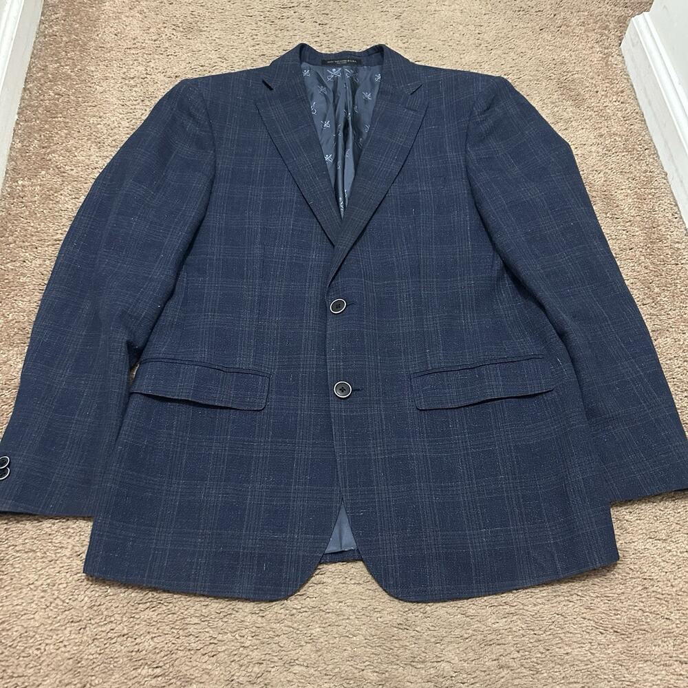 John Varvatos U.S.A. Blazer Mens 38R Blue Plaid Wool Linen Slim Fit Sport Coat